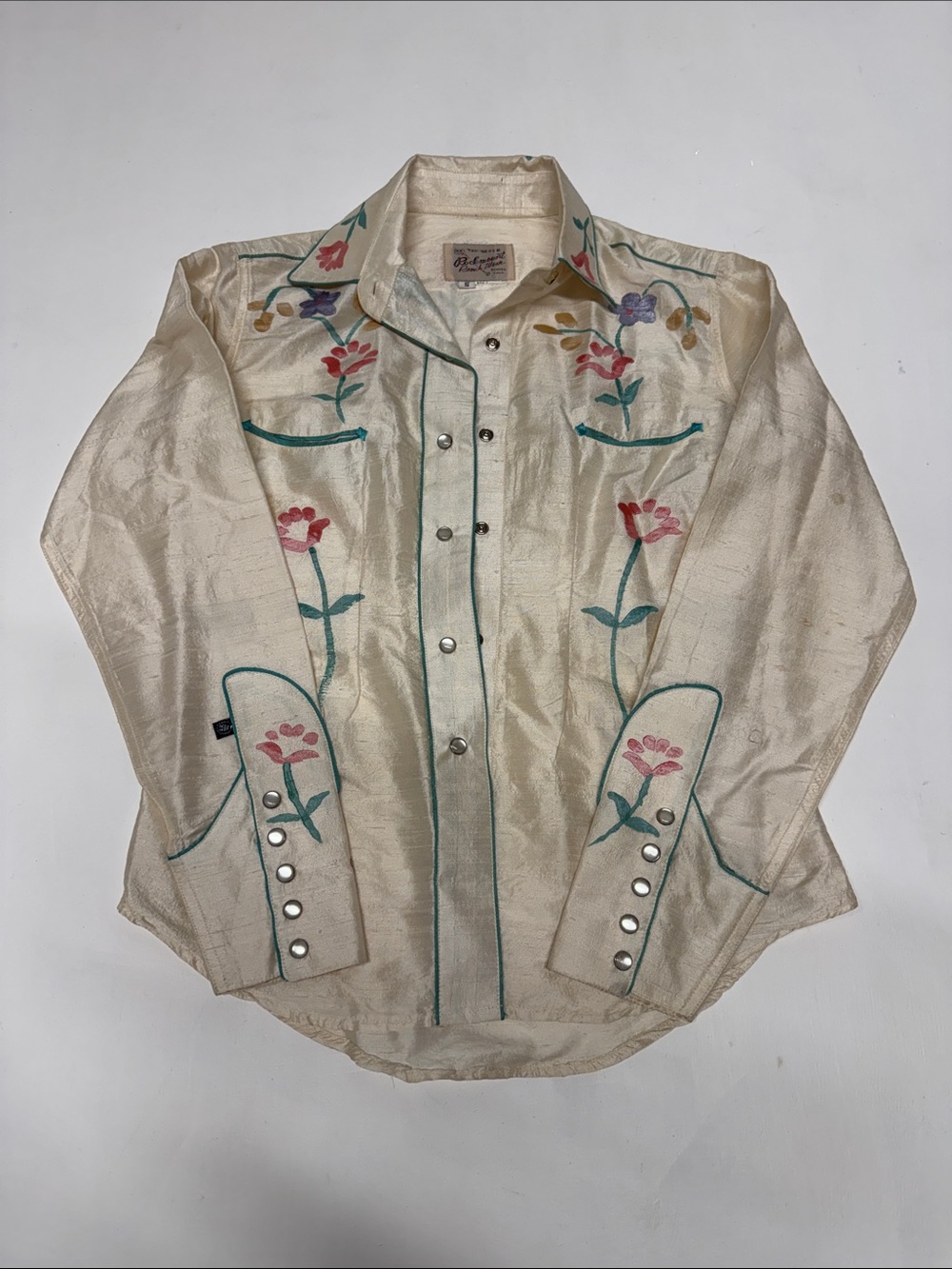 Hand painted silk Ivory Western Shirt pearl snap with Floral Detail green piping